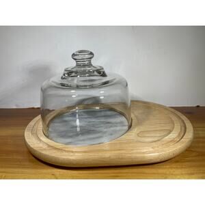 Vintage Teakwood Cheese Server with Glass Dome Marble Center